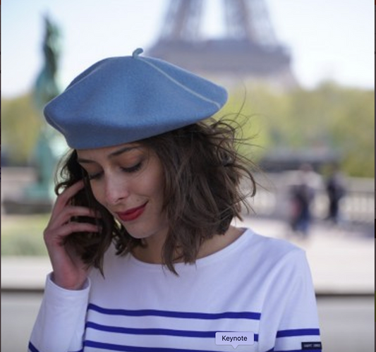 French Style Beret-Blue- One Line Ecru